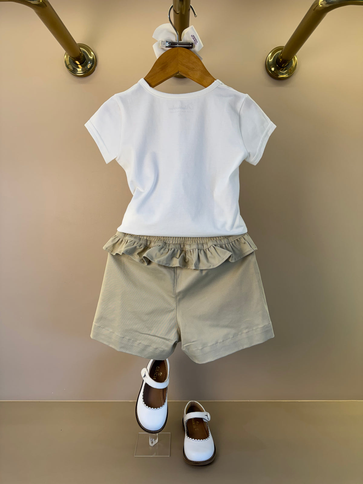 Blusa Infantil Cotton Ursinhas Laços de Cristais e Short Infantil Sarja Babados Ursinhos e Cristais - Pituchinhus
