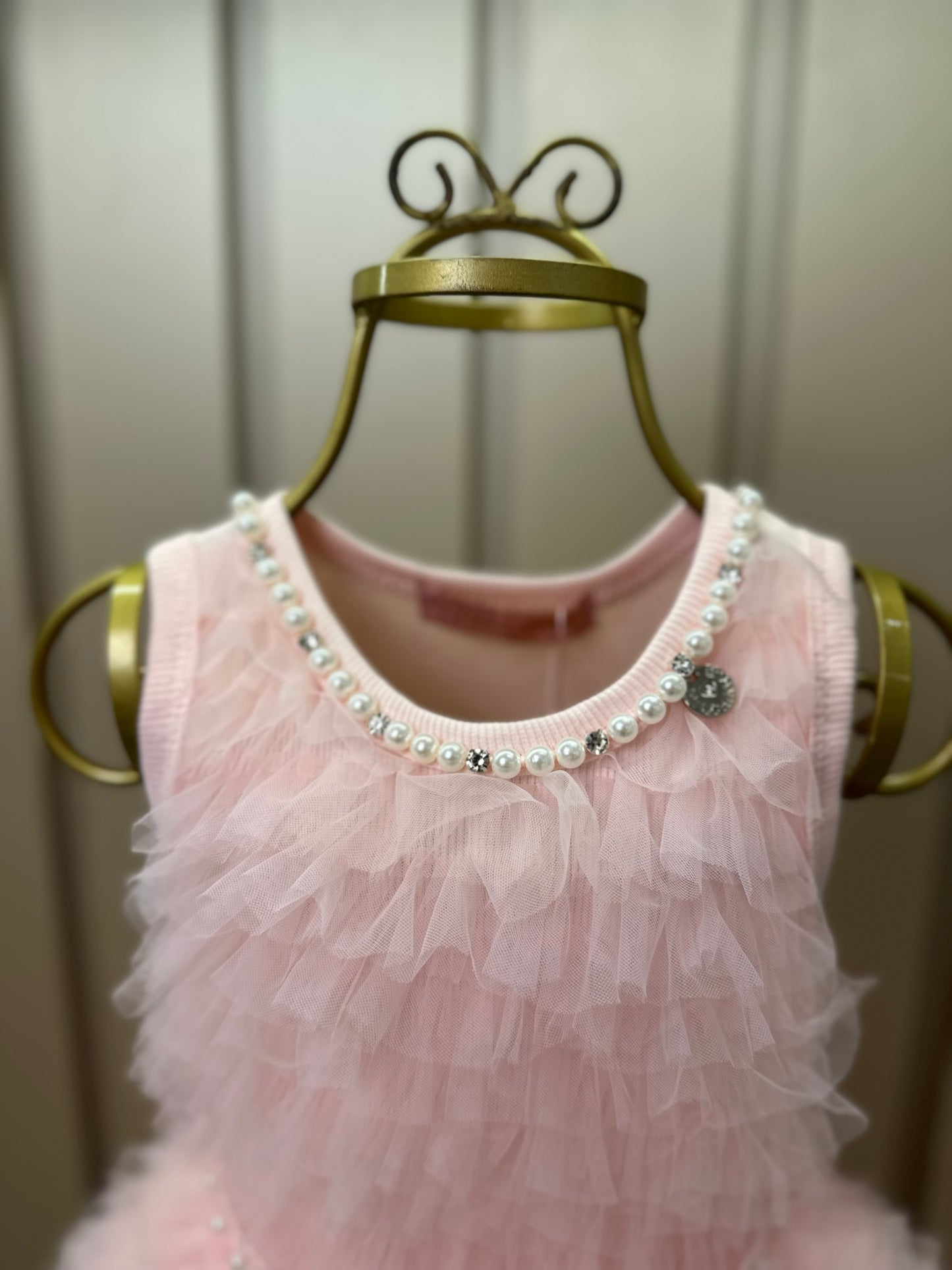 Vestido Infantil Conceito Frufru Tule Cinto Pérola Rosa Gelado - Pituchinhus