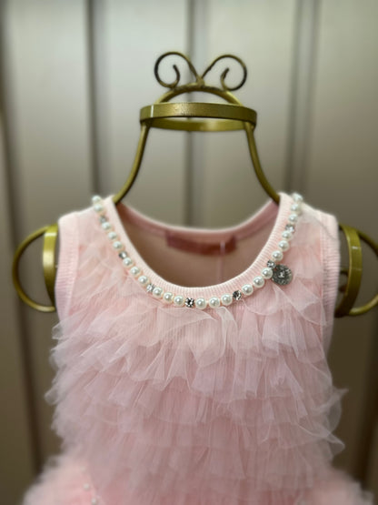 Vestido Infantil Conceito Frufru Tule Cinto Pérola Rosa Gelado - Pituchinhus