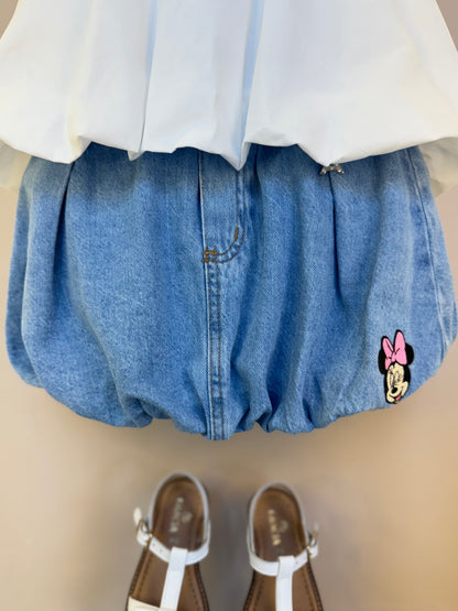 Conjunto Infantil Blusa Balonê Essentials e Saia Jeans Elástico Style Minnie - Animê