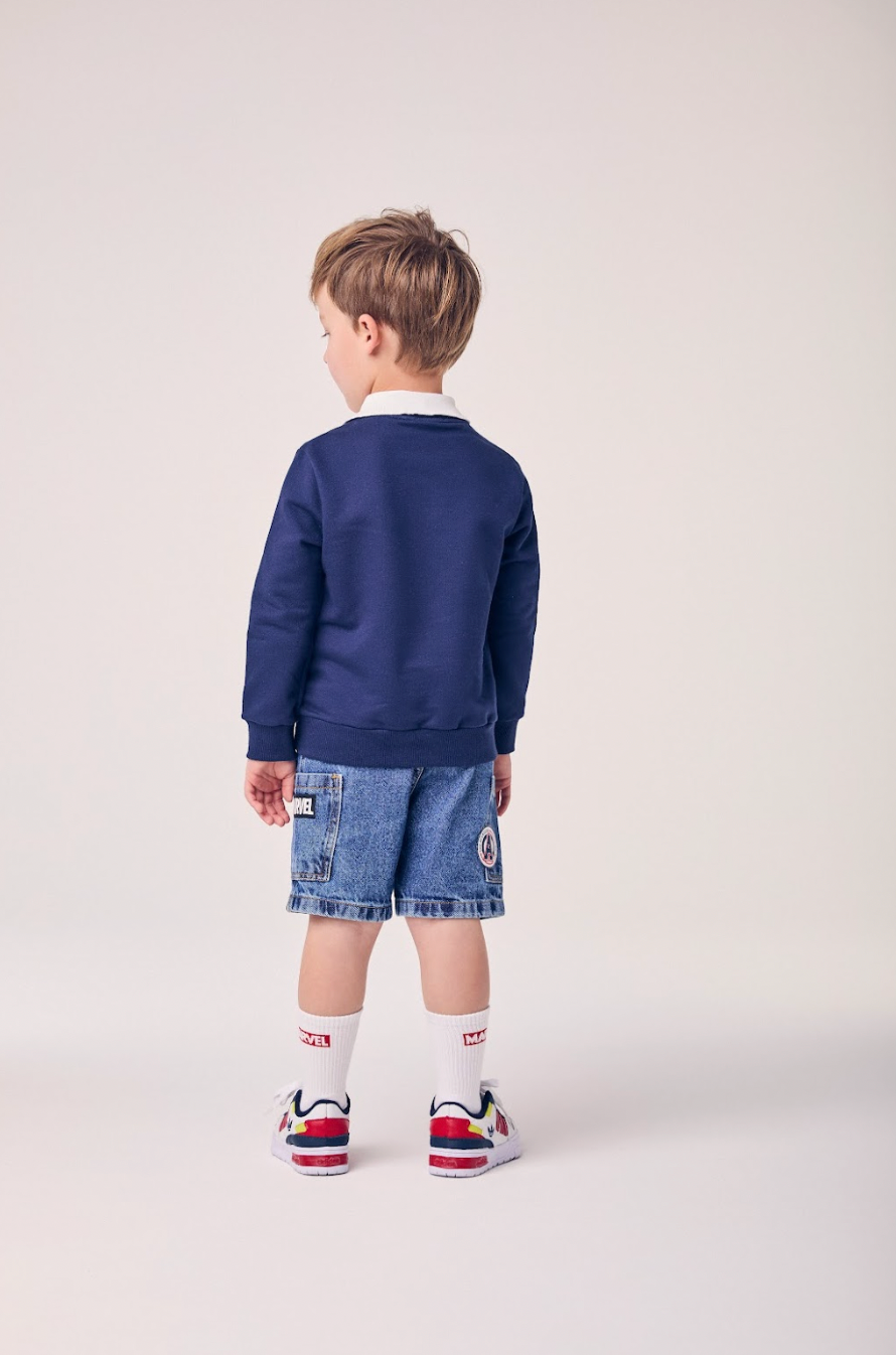 Conjunto Infantil Casaco Gola Polo e Bermuda Jeans Patchs Marvel - Youccie