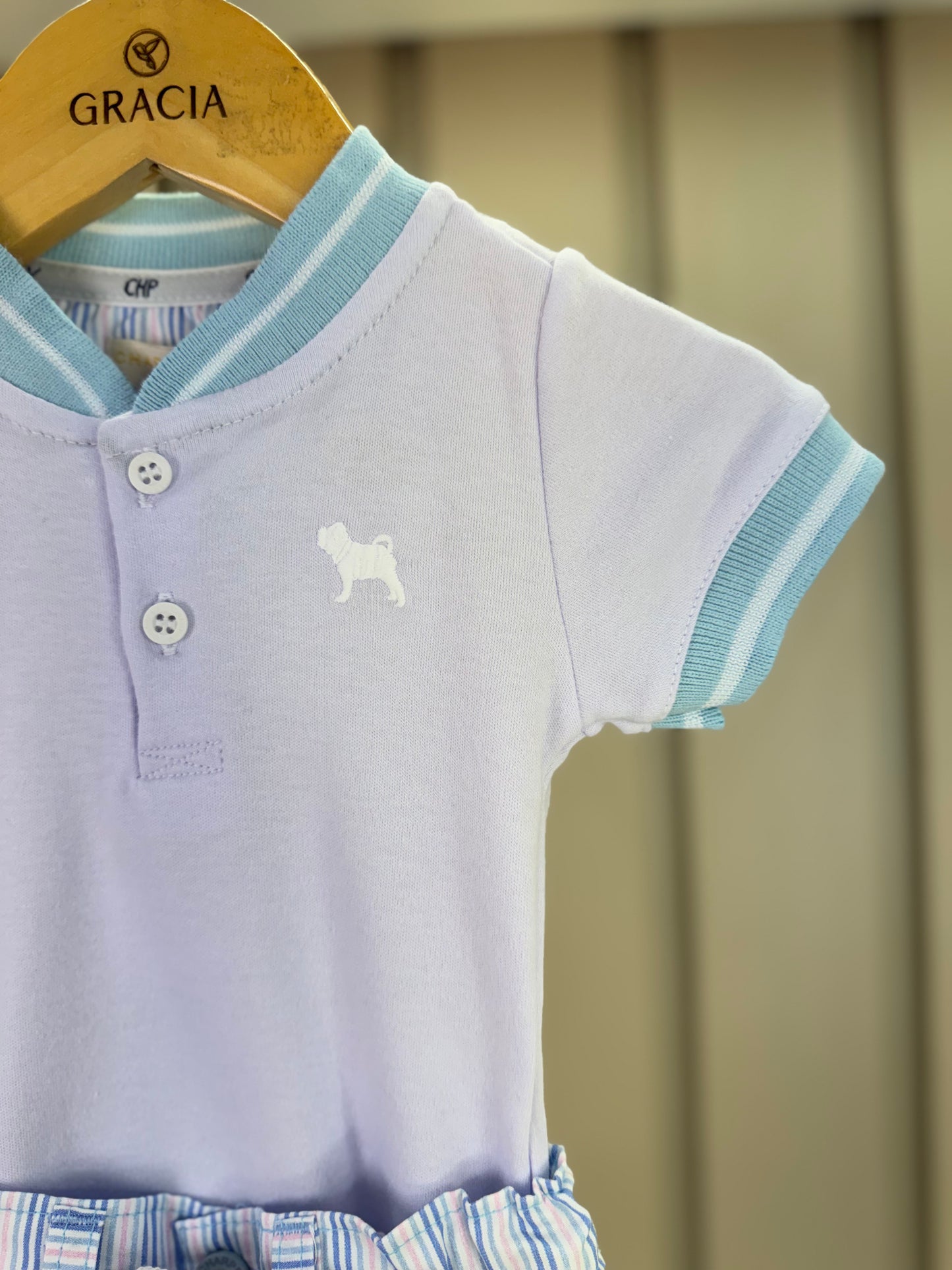 Conjunto Bebê Body Bata Golinha Azul e Bermuda Tricoline Listrada - Charpey