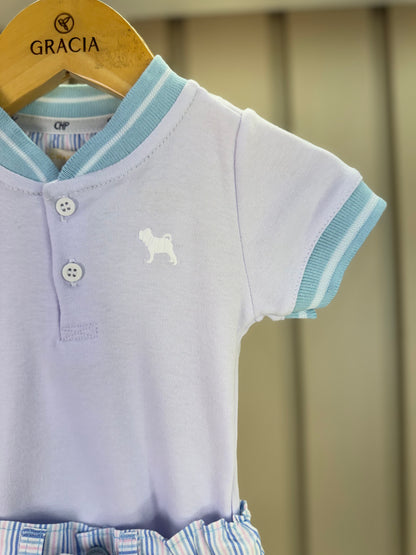 Conjunto Bebê Body Bata Golinha Azul e Bermuda Tricoline Listrada - Charpey