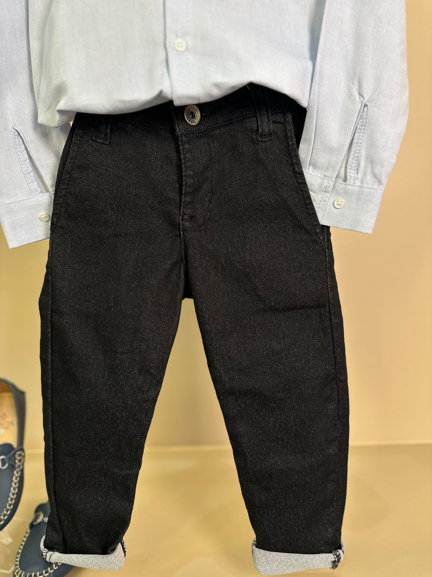 Conjunto Infantil Camisa Tricoline Azul e Calça Social Sarja Flex Preta - Dame