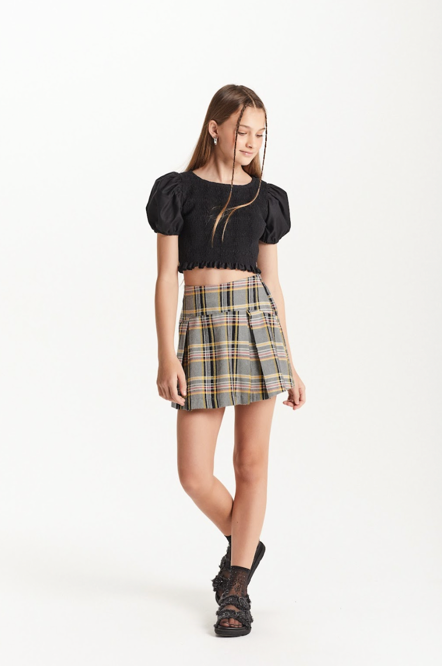 Conjunto Teen Blusa Lastex e Saia Pregas Xadrez - Two In
