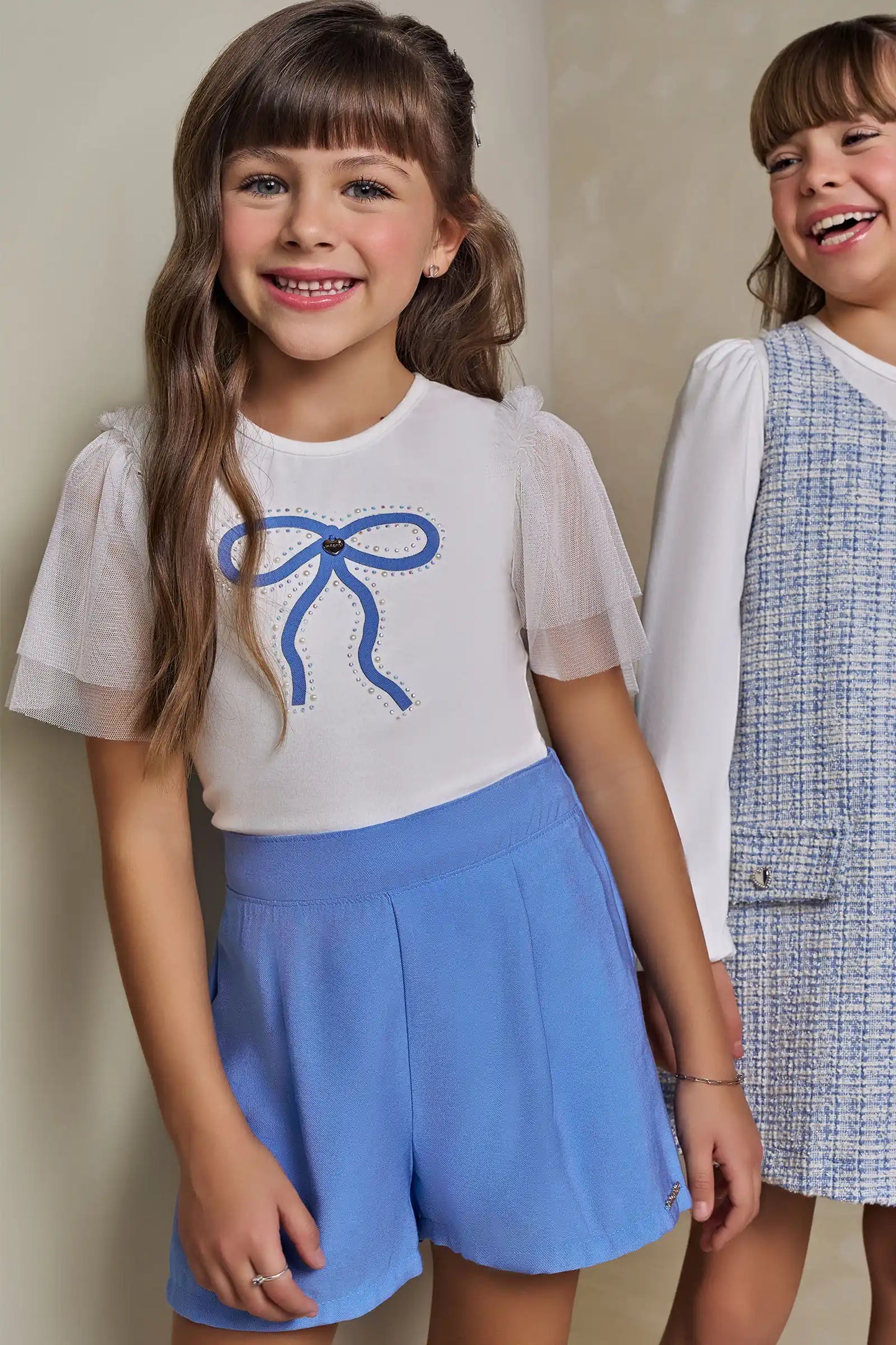 Conjunto Infantil Blusa Lacinho Manga Tule e Shorts Azul Médio - Infanti