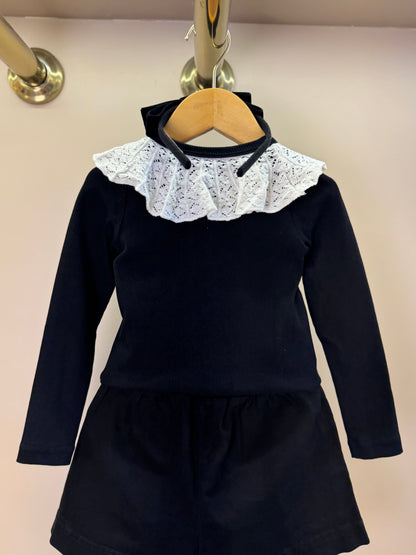 Conjunto Infantil Blusa Tricot ML Jabô Botões e Saia Sarja Babadinho Preto - Pituchinhus