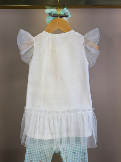 Conjunto Infantil Blusa Mangas Tule e Calça Azul Quadriculada - Petit Cherie