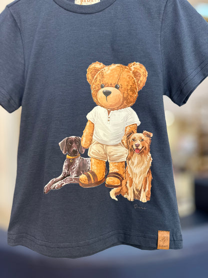 Conjunto Infantil Camiseta Teddy Cachorros Marinho e Bermuda Moletom Listra Bege - Dame