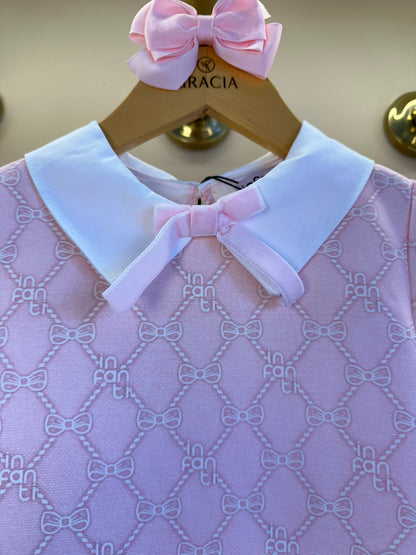 Vestido infantil Monograma Rosa com Gola Lacinho - Infanti