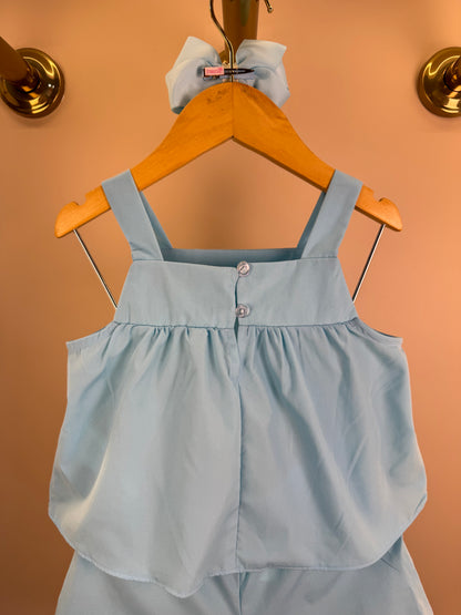 Conjunto Infantil Azul Claro Blusa Bordado Floral e Shorts Saia - Mon Sucré