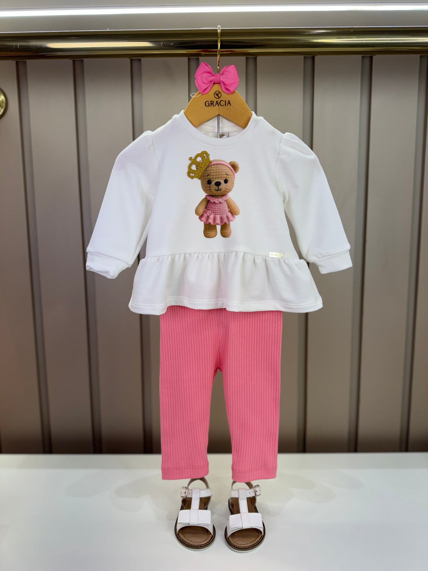 Conjunto Bebê Blusa Moletinho Urso e Calça Legging Canelada - Um Mais Um