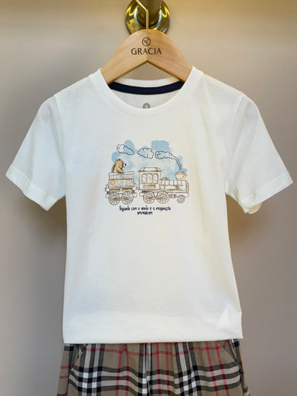 Conjunto Infantil Camiseta Urso e Bermuda Xadrez - Um Mais Um