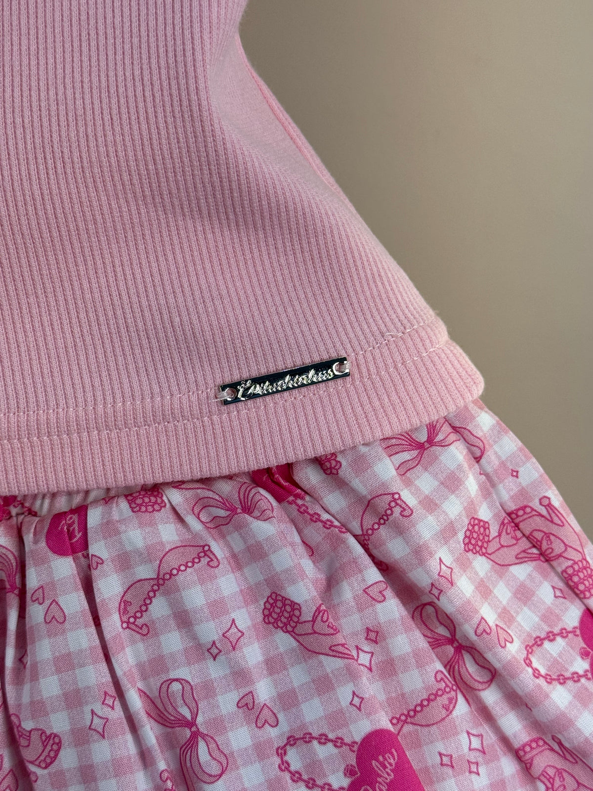 Conjunto Infantil Regata Cropped Laço Puffer Barbie Rosa e Shorts Babado Balonê Rosa Xadrez - Pituchinhus