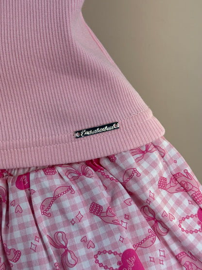 Conjunto Infantil Regata Cropped Laço Puffer Barbie Rosa e Shorts Babado Balonê Rosa Xadrez - Pituchinhus