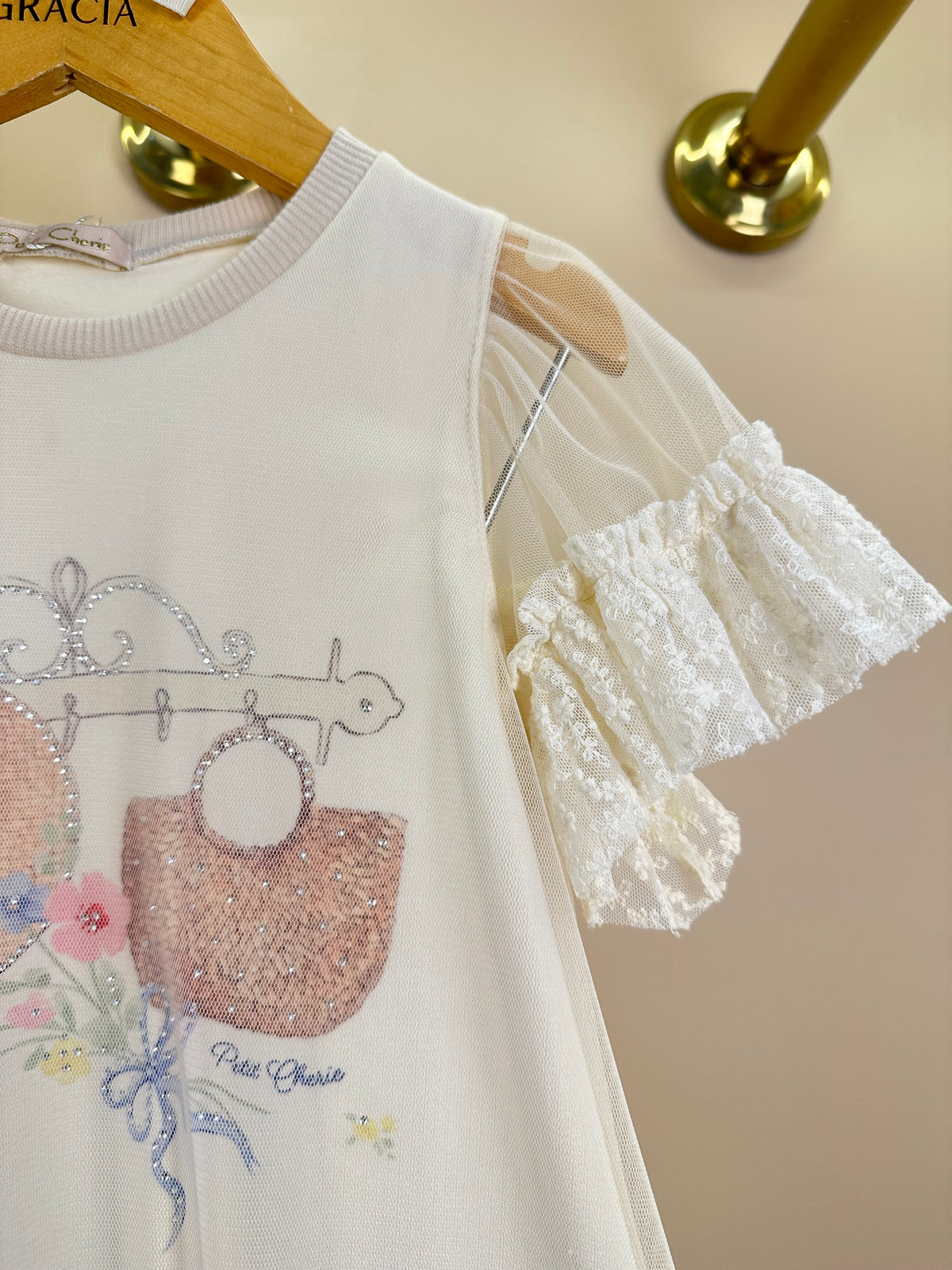 Vestido Infantil Manga Tule Floral e Strass - Petit Cherie
