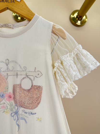 Vestido Infantil Manga Tule Floral e Strass - Petit Cherie