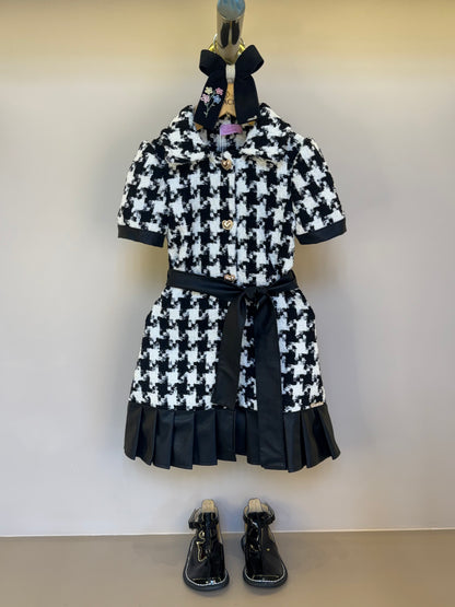 Vestido Infantil Clássico Tweed Detalhes Couro Tech com Faixa - Luluzinha
