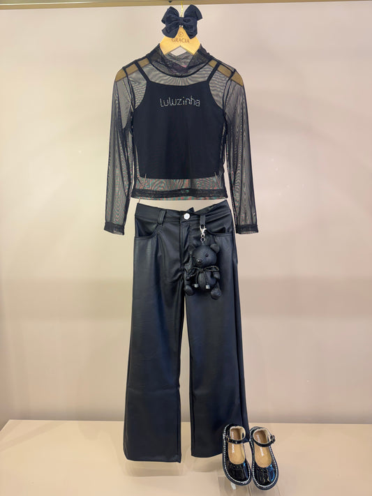 Conjunto Infantil Blusa Tule & Strass com Calça Wide Leg Couro Tech Pingente de Urso - Luluzinha