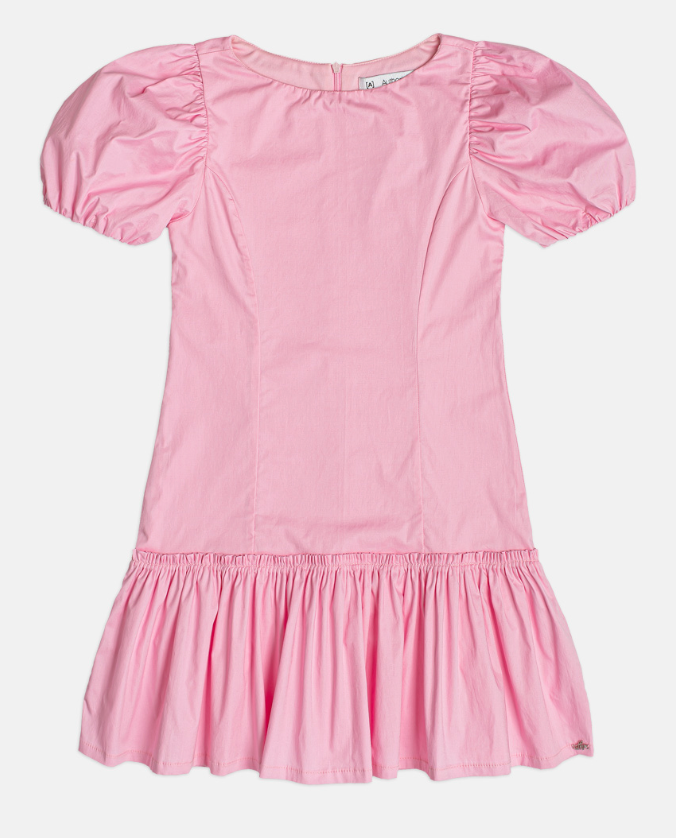 Vestido Teen Tricoline Rosa Com Mangas Bufantes - Authoria