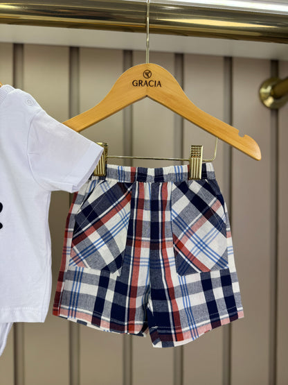 Conjunto Bebê Camiseta-Body Bear e Bermuda Xadrez Azul - Um Mais Um