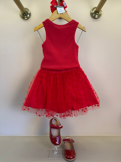 Conjunto Infantil Regata Laço Lateral e Saia Em Tule Flocado Vermelho - Mon Sucre