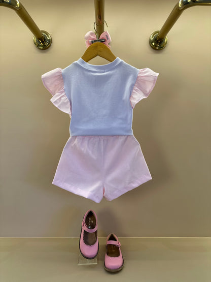 Conjunto Infantil Blusa Estampa Floral e Shorts Alfaiataria Listrado Rosa - Luluzinha