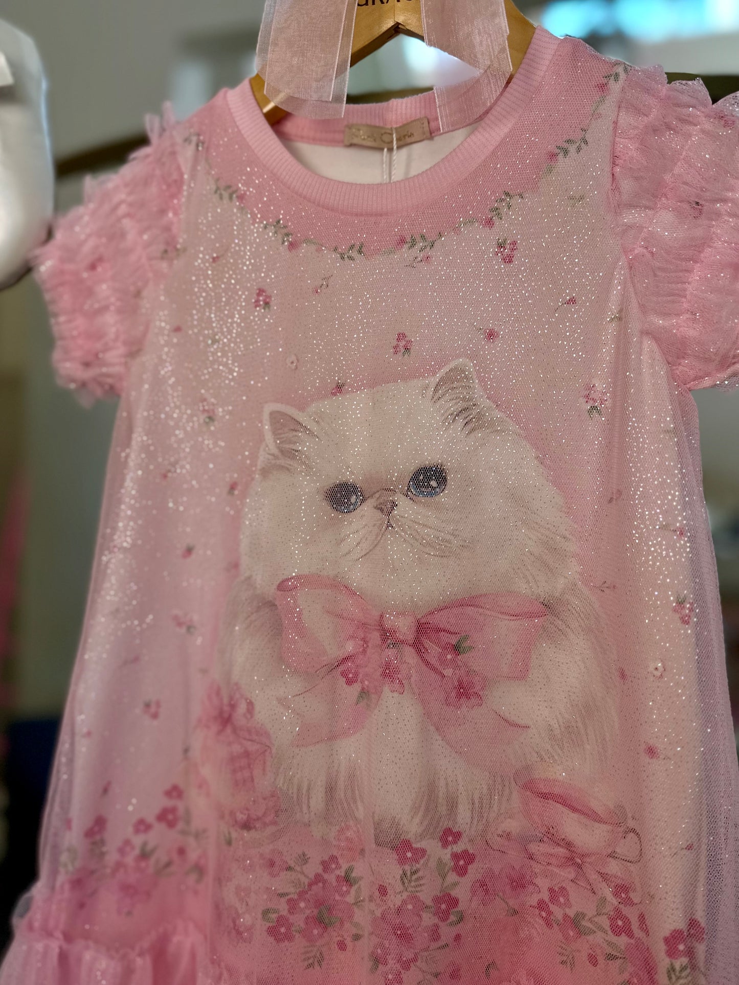 Vestido Infantil Trapézio Gatinho Tule Rosa - Petit Cherie