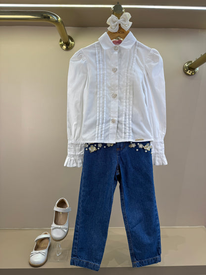 Conjunto Infantil Camisa Branca Algodão e Calça Jeans Bordada Flores Brancas - Luluzinha