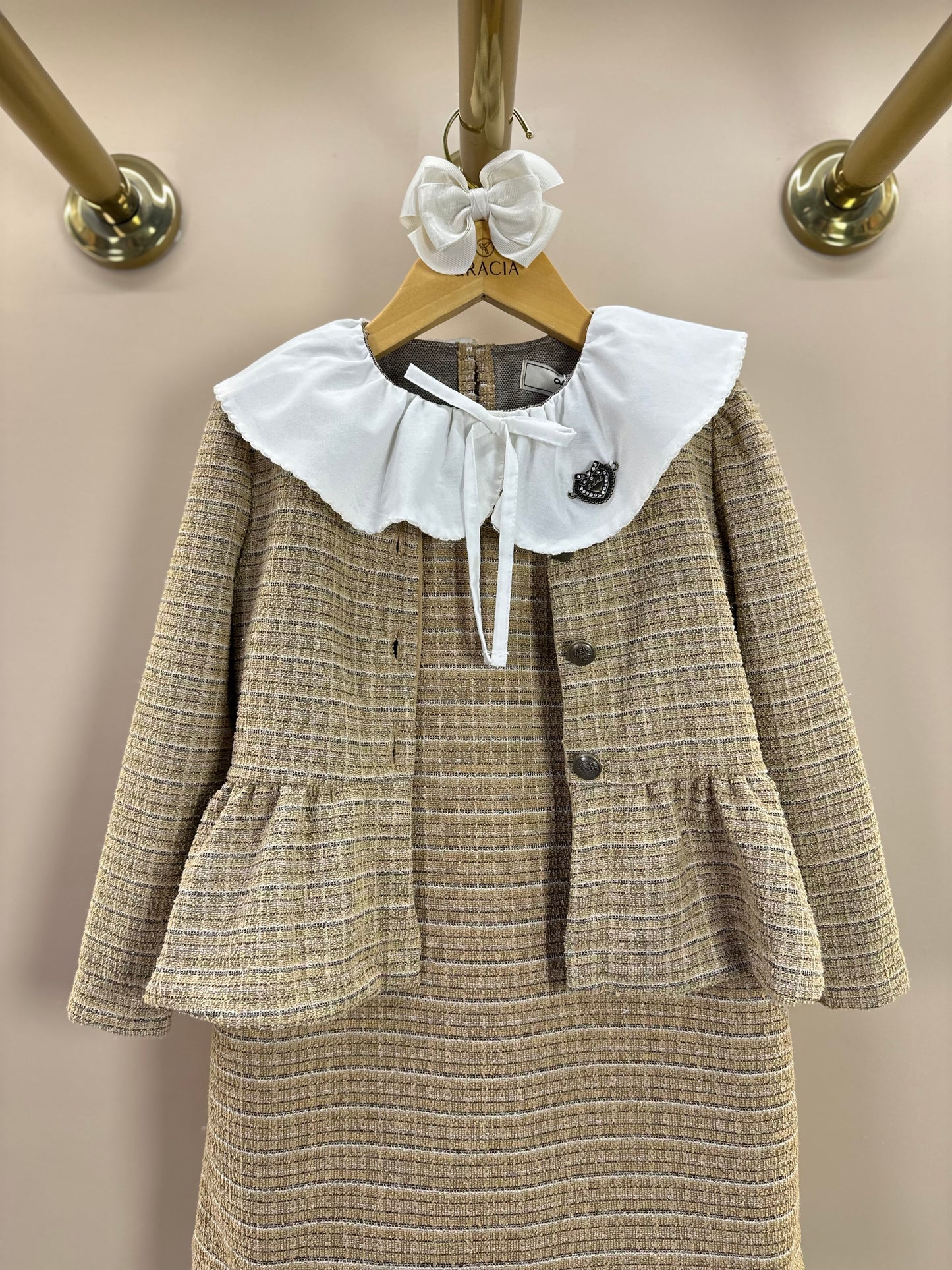 Vestido Infantil Manga Curta Tweed Xadrez Bege - Animê Petite