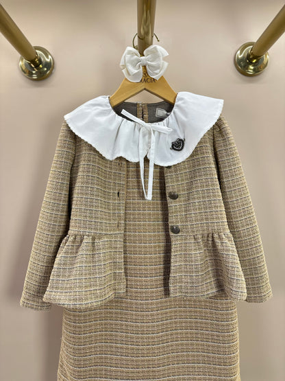 Vestido Infantil Manga Curta Tweed Xadrez Bege - Animê Petite