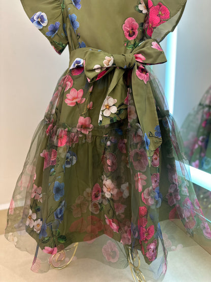 Vestido Infantil Conceito Tule Floral Bordado Verde Forest - Animê