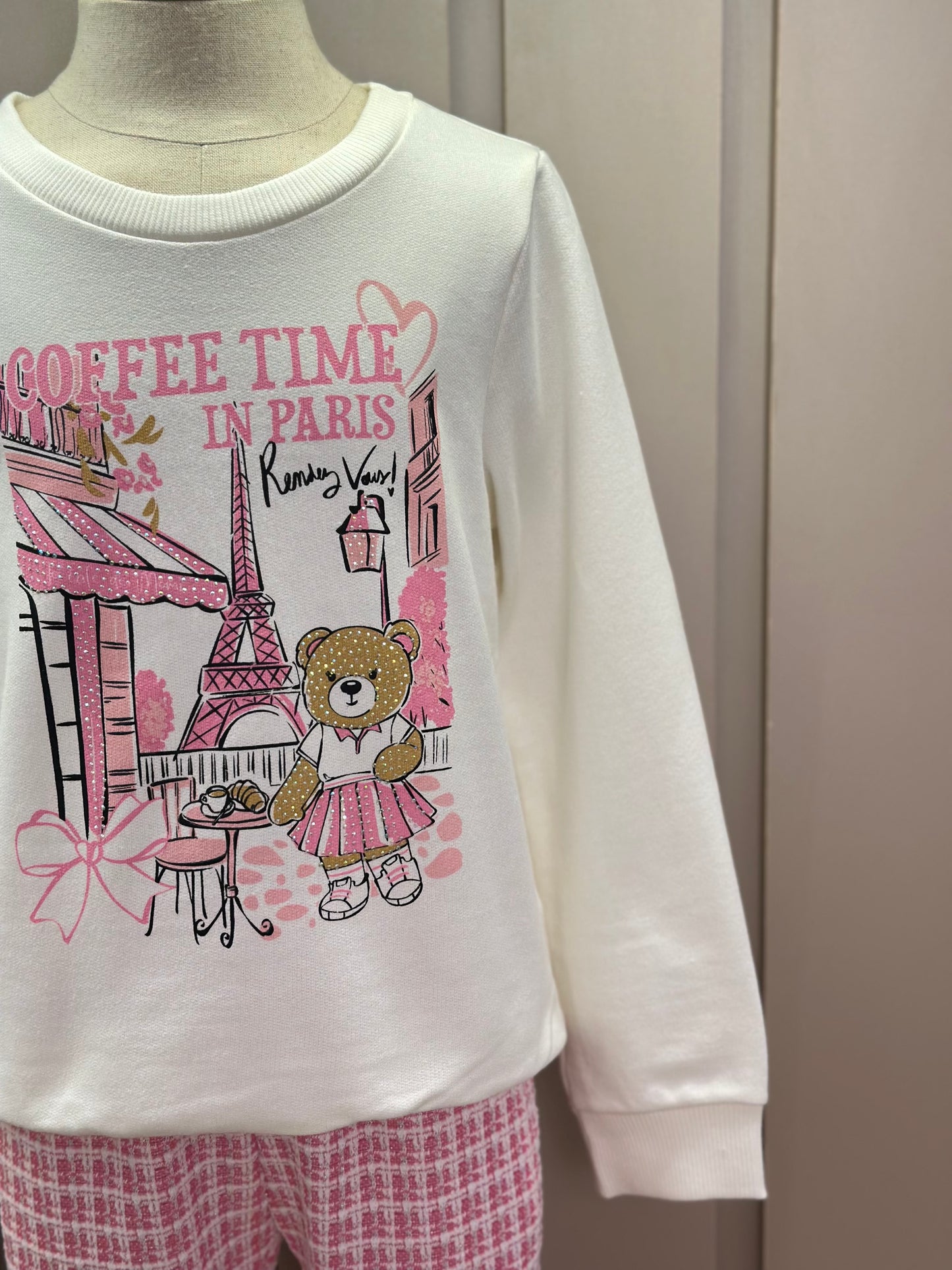 Conjunto Infantil Blusa Ursinha Paris e Legging Malha Tweed Rosa - Momi