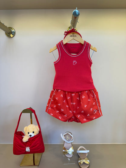 Conjunto Infantil Regata Strass Bordados e Short Lacinhos - Pituchinhus