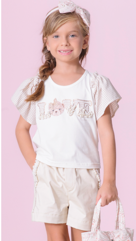 Conjunto Infantil Blusa Love Bordado Mangas Xadrez e Shorts Bordados Pérolas e Cristais - Pituchinhus