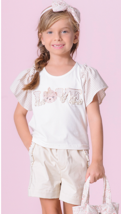 Conjunto Infantil Blusa Love Bordado Mangas Xadrez e Shorts Bordados Pérolas e Cristais - Pituchinhus