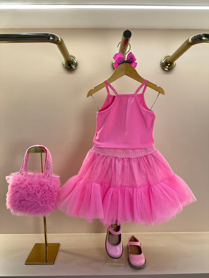 Conjunto Infantil Blusa Light Cristais Barbie e Saia Babados Patche Barbie Rosa Ópera - Pituchinhus