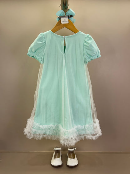 Vestido Infantil Turquesa De Tule Com Borboletas Verde - Gabriela Aquarela