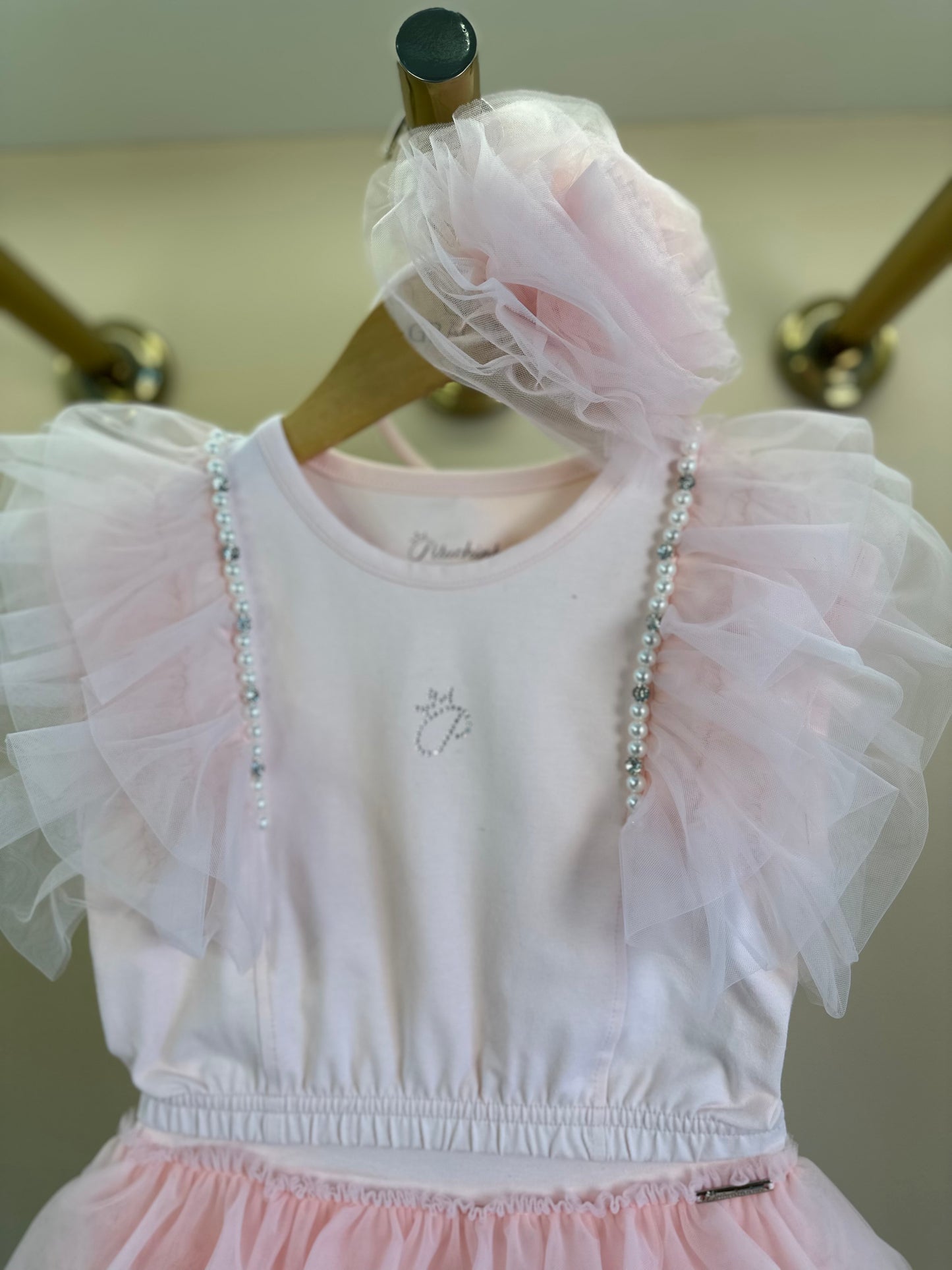 Conjunto Infantil Blusa Tule Bordado e Saia Babados Rosa Gelado - Pituchinhus
