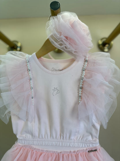 Conjunto Infantil Blusa Tule Bordado e Saia Babados Rosa Gelado - Pituchinhus