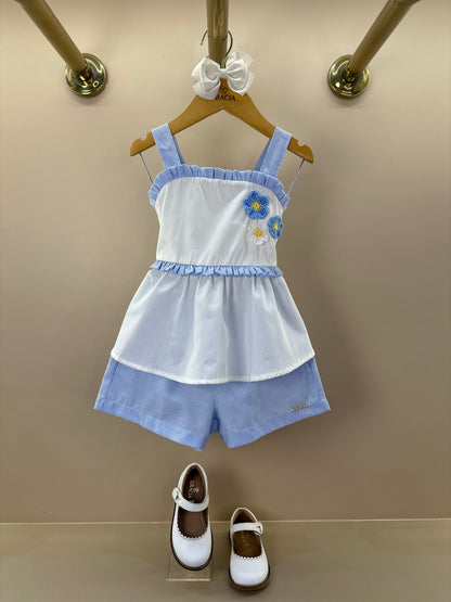 Conjunto Infantil Blusa Flor de Crochê e Shorts Alfaiataria Listrado - Luluzinha
