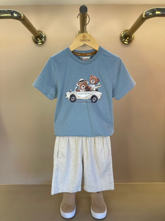 Conjunto Infantil Camiseta Algodão Teddy Conversível Malibu e Bermuda Linho Elastano Bege - Dame