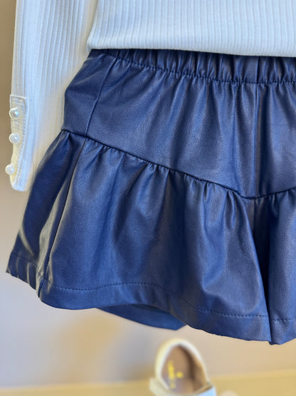 Conjunto Infantil Blusa ML Laço Bordado e Shorts Evasê Couro Tech Marinho - Beabá