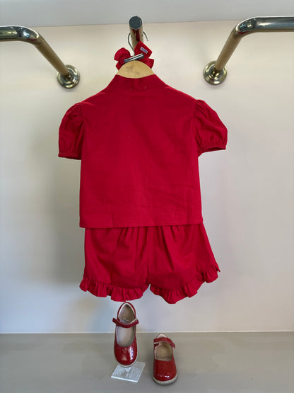 Conjunto Infantil Camisa e Shorts Clássico Algodão Babados Vermelho - Um Mais Um
