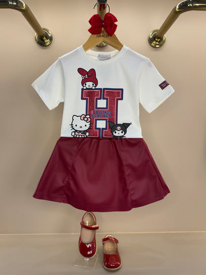 Conjunto Infantil Blusa Hello Kitty Strass e Saia Infantil Couro Tech Recortes Cramberry - Momi