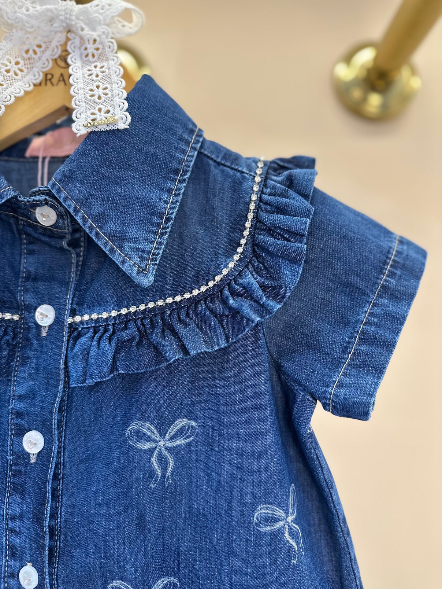 Vestido Infantil Jeans Laços e Cristais - Pituchinhus