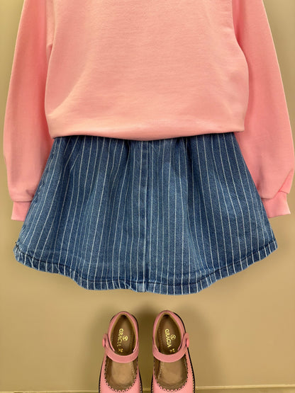 Conjunto Infantil Feminino Conjunto Infantil Casaco Moletom Hello Kitty Rosa Blossom com Saia Jeans Listrada Cós Duplo Branco - Momi