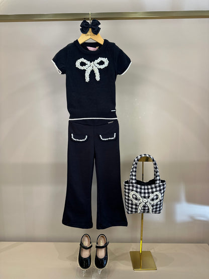 Conjunto Infantil Blusa Tricot Maxi Laço Bordado Pérolas Cristais e Calça Flare Lapelas Bordadas Preta - Pituchinhus