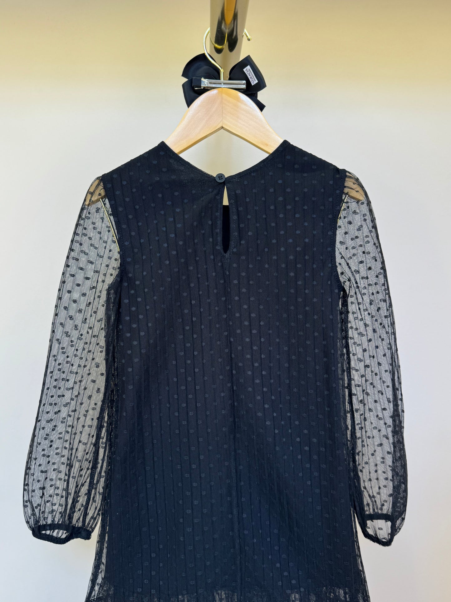 Vestido Infantil Trapézio Tule Plissado Aplicação Laço Preto - Luluzinha