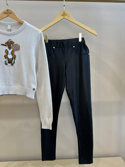 Conjunto Teen Blusa Suéter Tricot Dog Tennista E Calça Legging Cirrê com Bolsos Bege  - Two In